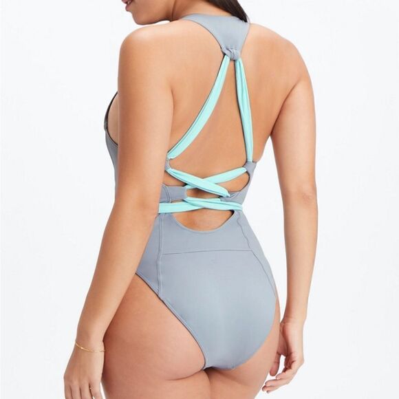 Fabletics Lace Up Razorback Swimsuit One Piece NWT Raincloud Sky Blue NWT Size S - Picture 2 of 4